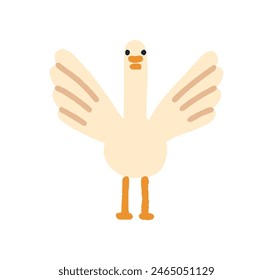 Goose, cute funny bird. Adorable happy gosling spreading wings. Feathered animal, poultry. Kawaii comic country fowl. Flat graphic vector illustration isolated on white background