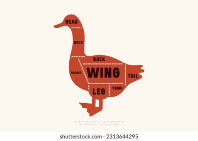 Goose cuts diagram in silhouette style. Color print on white background