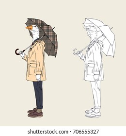 goose dressed up in raincoat with umbrella, furry art illustration, fashion animals