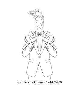 goose dressed up in tuxedo adjusting his tie bow, anthropomorphic illustration, fashion animals