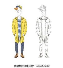 goose dressed up in yellow raincoat, furry art illustration, fashion animals