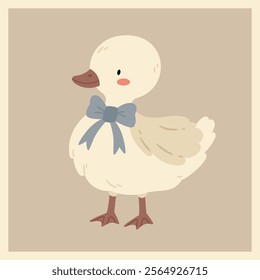 Goose or duck with a bow in vintage style. Vintage simple children's illustration.