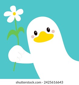 Gänseenten Gesicht Kopf in der Ecke. Weißer Vogel mit Gänseblümchen-Kamille. Nette Cartoon Kawaii lustige Figur. Flaches Design. Grußkarten-Bannervorlage. Blauer Hintergrund. Vektorgrafik