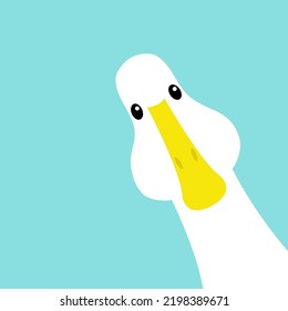 Goose Duck face head. Looking from the corner. Cute cartoon kawaii funny baby character. Flat design. Greeting card banner template. Isolated. Blue background. Vector illustration