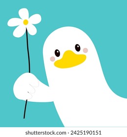 In: Goose Duck Face Head. Flügelhand aus der Ecke. Weißer Vogel mit Gänseblümchen-Kamille. Nette Cartoon Kawaii lustige Figur. Grußkarten-Banner-Vorlage Flaches Design Blauer Hintergrund Vektor