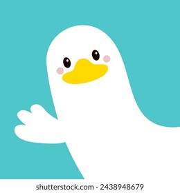 Goose Duck face head waving wing hand from the corner. White farm bird. Cute cartoon kawaii funny character. Flat design. Greeting card banner template. Blue background. Vector