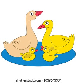 Goose And Duck Family cartoon. Outlined illustration with thin line black stroke