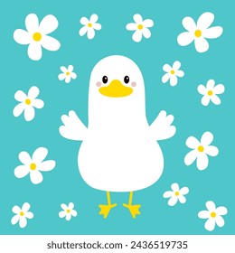 Goose Duck icon. Funny face head. Waving wing hands. Bird, yellow beak. White daisy chamomile flower. Cute cartoon kawaii funny character. Flat design. Greeting card template. Blue background. Vector