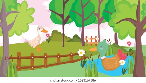 goose and duck in lake flowers fence farm animal cartoon vector illustration