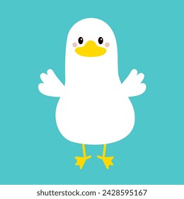 Goose Duck standing icon. Farm animal. Funny face head. White bird. Yellow beak. Cute cartoon kawaii funny baby character. Flat design. Childish poster print. Greeting card. Blue background. Vector