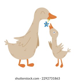 Goose family. Goose parent with its baby. Happy parenthood cartoon vector illustration