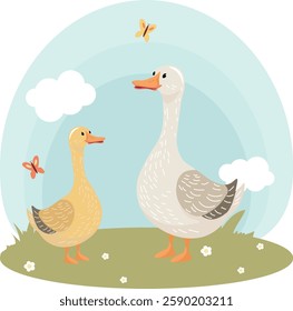 Goose. Farm animals with landscape - cardboard vector illustration