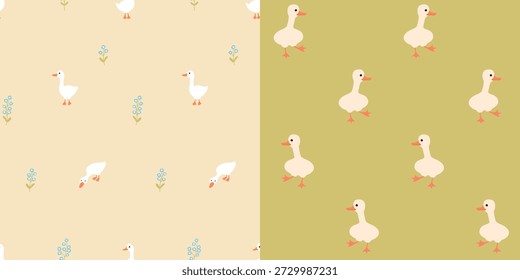 Gänsebaumtiere nahtlose Vektormustersatz. Niedlicher Gänseabdruck. Nette Figuren für Baby-Textilien, Kinderbekleidung Stoff.