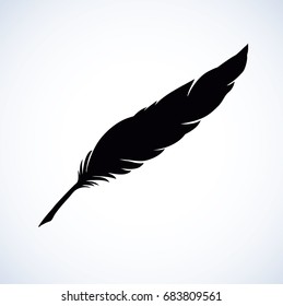 Goose feather isolated on white paper backdrop with space for text. Hand drawn picture sketch in artistic engraving style