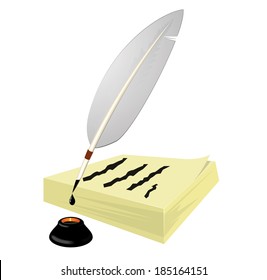 goose feather with paper notes and ink