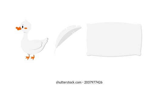 Goose feather and pillow icon set isolated on white background. Cute domestic duck animal feather for comfortable bedding sleep. Flat design cartoon style vector illustration.