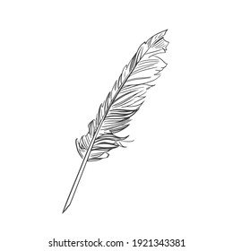 Goose feather sketch. Inkwell pen vector illustration in retro style. Stationery pen