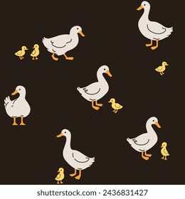 Goose in field grazing. Seamless trendy pattern with domestic fowl. Outline vector illustration for prints, clothing, packaging and postcards.