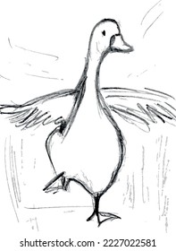 Die Gans klatscht ihre Flügel, die Skizze wird mit einem Bleistift gezeichnet. Vektorgrafik.