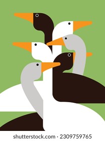 Recogida de vectores planos gansos. Ilustración de dibujos animados. Afiche con gotas sobre fondo verde