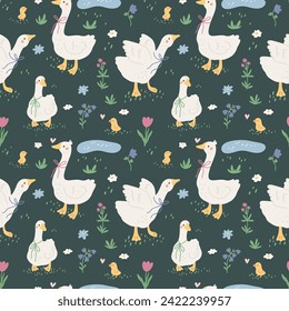 Goose with flowers seamless pattern. Spring print. Summer texture with farm birds. Childish fabric in flat style and pastel colors	