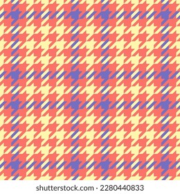 Goose foot. Easter Pattern of crow's feet in red, yellow and violet cage. Glen plaid. Houndstooth tartan tweed. Dogs tooth. Scottish checkered background. Seamless fabric texture. Vector illustration