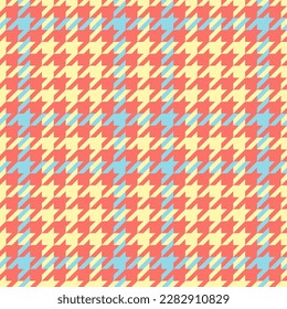 Goose foot. Easter Pattern of crow's feet in red, yellow and blue cage. Glen plaid. Houndstooth tartan tweed. Dogs tooth. Scottish checkered background. Seamless fabric texture. Vector illustration