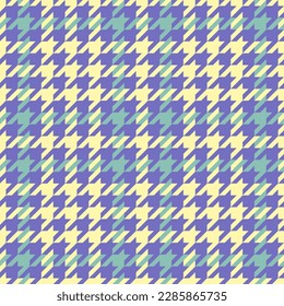 Gänsefuß. Ostermuster der Krähen Füße in violettem, gelbem, grünem Käfig. Glen plaid. Houndstooth Tweed Tweed. Hundezahn. Schottischer, karierter Hintergrund. Nahtlose Textur. Vektorgrafik