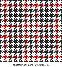Goose foot. Pattern of crow's feet in black, red and white cage. Glen plaid. Houndstooth tartan tweed. Dogs tooth. Scottish checkered background. Seamless fabric texture. Vector illustration