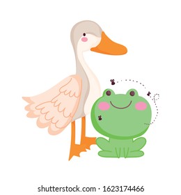 goose and frog farm animal cartoon vector illustration