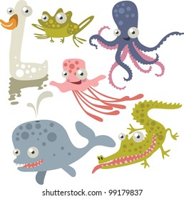 goose, frog, octopus, crocodile, jellyfish, whale
