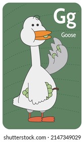 Letra goose G. Colección de alfabetos A-Z con bonitos animales de dibujos animados en 2D. Estar de ganso y comer uvas. Ganso gris con mejillas llenas mirando a un lado. Un estilo simple y divertido dibujado a mano.