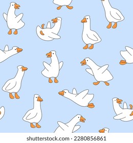 Goose, geese seamless pattern, cute cartoon ducks background. Animal character vector drawing