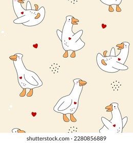 Goose, geese seamless pattern, cute cartoon ducks background. Animal character vector drawing