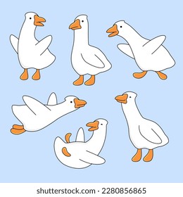 Goose, geese set of illustrations, cute cartoon drawings. Animal character in various poses