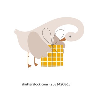 Goose with gift box. Birthday goose vector hand drawn illustration. Goose celebrate happy Birthday. Kids, baby, children cartoon illustration