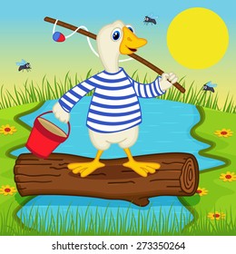 goose goes fishing - vector illustration, eps