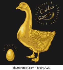 Goose. Golden Goose, goose on a black background, golden egg 