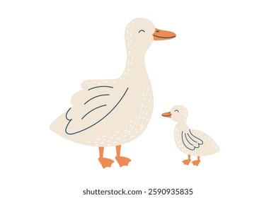 A goose and a gosling isolated on white. Farm birds. Vector hand drawn cliparts. 