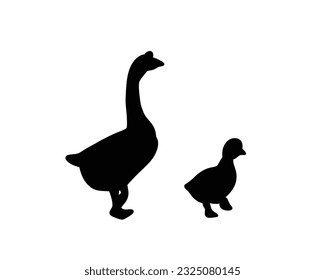 Goose and gosling silhouette. Domestic farm bird in black color. Vector illustration about animal.