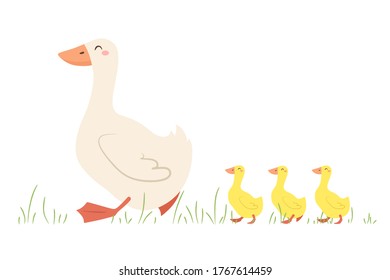 Goose with goslings. Vector illustration in cartoon flat style.