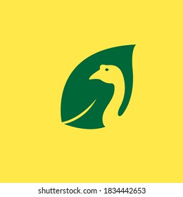 Goose and green leaf flat logo vector design
