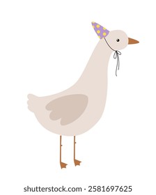 Goose with hat. Birthday goose vector hand drawn illustration. Goose celebrate happy Birthday. Kids, baby, children cartoon illustration