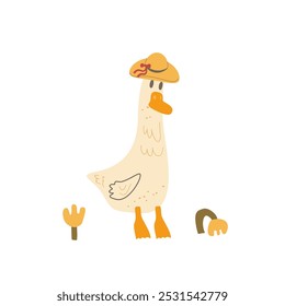 Goose in hat isolated on white background. Poultry character. Vector hand drawn flat illustration