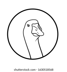 Goose head looking forwards in a circle. Animal illustration for kids book and biology lesson. Logotype for farm business. Vector image for children coloring book and page