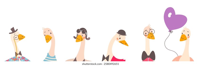 Goose heads banner. Cartoon geese in different emotions and hats. Adorable farm birds characters poster, childish animals with accessories, vector set