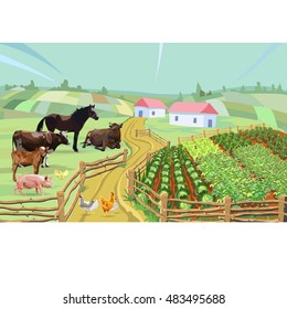 Goose, horse, chicken, cow, pig, vector