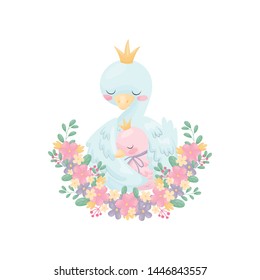 Goose hugs his wings gosling. Vector illustration on white background.
