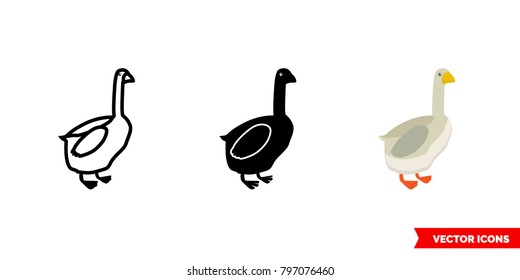 Goose icon of 3 types: color, black and white, outline. Isolated vector sign symbol.