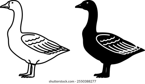 Iconos de ganso. Ilustraciones vectoriales blancas y negras. Aves acuáticas. Agricultura, agricultura. Para el diseño de libros para colorear. Concepto de animal doméstico